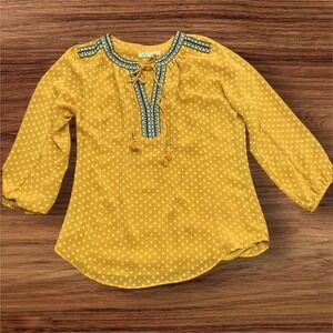 DR2 Yellow Swiss Dot Blouse Embroidered Tassel Tie Neck  Small Boho Peasant